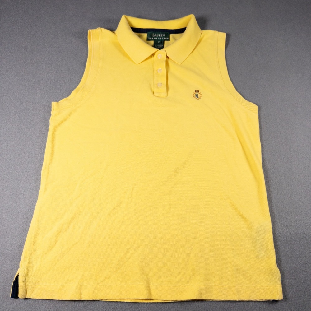 Vintage 90s/Y2K Lauren Ralph Lauren Yellow Sleeveless Crest Polo Top Women's S